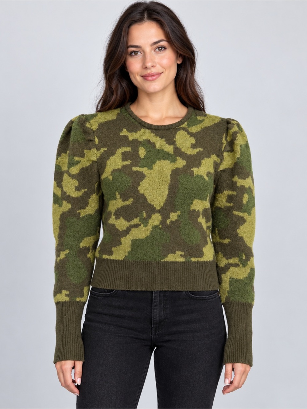 VENUS Olive & Moss Green Camo Puff-Sleeve Sweater